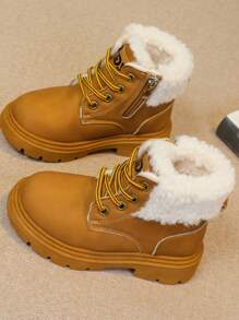 1 par de botas térmicas forradas com design de cadarço para meninos e meninas, antiderrapantes e quentes para o inverno - Castanho - Ver 3