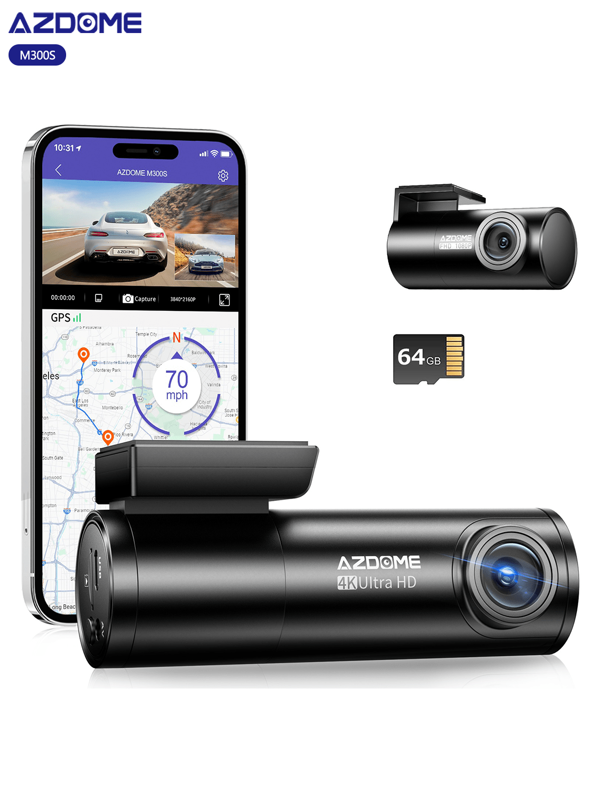 AZDOME 4K Dashcam Voiture Wi-FI GPS Avant Arrière, Caméra Embarquée Voiture avec Carte SD 64GB, Grand Angle 170°, Vision Nocturne, WDR, G-Capteur, Mode Stationnement 24H,Enregistrement en Boucle