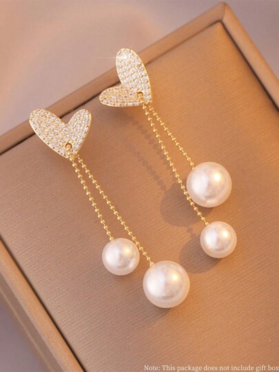 Aretes Colgantes Decorados Con Corazón De Pedrería Y Perla Artificial