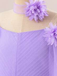 Vestido largo de malla elegante decorado con flores para niñas preadolescentes, vestido glamoroso y elegante para fiestas, bailes, ocasiones formales, adecuado para actuaciones escolares, sin accesorios para el cabello