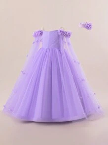 Vestido largo de malla elegante decorado con flores para niñas preadolescentes, vestido glamoroso y elegante para fiestas, bailes, ocasiones formales, adecuado para actuaciones escolares, sin accesorios para el cabello