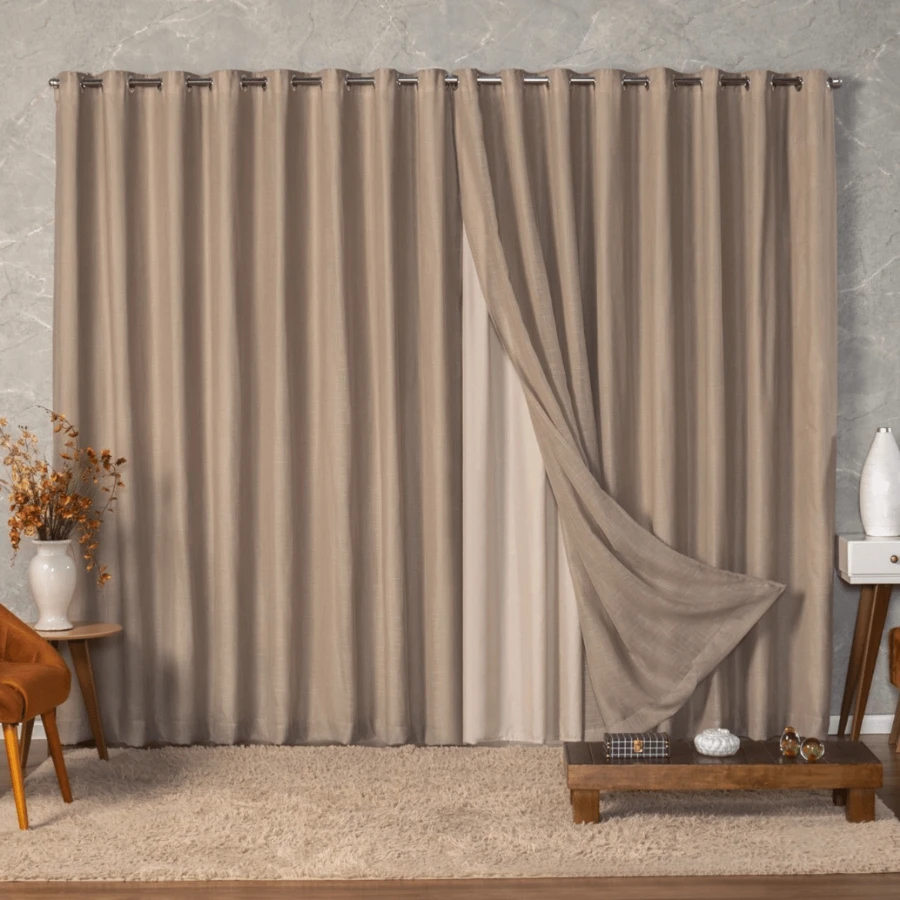Linen Gauze Voile Curtain With Microfiber Lining 8 Meters Standard (For Rod), Silver Eyelets - 米色 - 查看 1