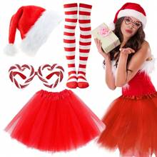 4 Stücke/Set Weihnachts-Kostüm-Accessoires für Frauen, bestehend aus Weihnachtsmann-Mütze mit Zuckerstangen, Zuckerbrillen, Tüllrock und gestreiften Socken