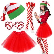 4 Stücke/Set Weihnachts-Kostüm-Accessoires für Frauen, bestehend aus Weihnachtsmann-Mütze mit Zuckerstangen, Zuckerbrillen, Tüllrock und gestreiften Socken