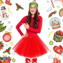 4 Stücke/Set Weihnachts-Kostüm-Accessoires für Frauen, bestehend aus Weihnachtsmann-Mütze mit Zuckerstangen, Zuckerbrillen, Tüllrock und gestreiften Socken