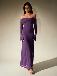 PARTHEA Elegant Party Sequin Off-Shoulder Mesh Maxi Dress - Purple - View 5