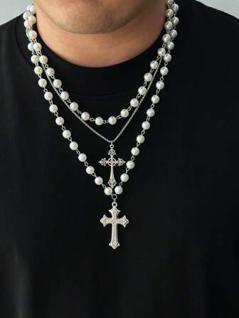 3 件复古嘻哈朋克吊坠仿珍珠项链，迷人男士珠宝，节日礼物