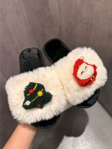 Giày vải nhung trắng thời trang cho nữ, Dép đi trong nhà hình cây thông Noel 3D hoạt hình vui nhộn, Giày đế bằng mềm mại làm quà tặng, Giày đế bằng mềm mại chống trượt hở mũi màu đen và trắng - trắng - Xem 3