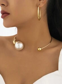 1 件装大珍珠项链，配金属项圈，Y2K 不对称几何圆珠项链，复古朋克酷女孩锁骨链，节日派对珠宝礼物 - 珍珠項圈 - 查看 5