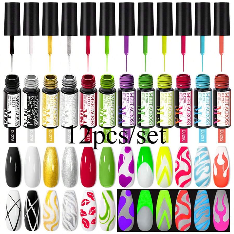 MEET ACROSS 12pcs Spider Pattern Nail Art Gel Polish Set, 5ml Summer Neon Glitter Gel Nail Polish Set, DIY Nail Art Design Gel Manicure Kit, Home Salon Nail Art Painting Set, Gift For Women Nails - 彩色 - 查看 1