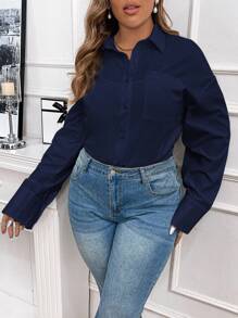 QIANZHIDU Elva Plus Size Women Loose Casual Classic Elegant Comfortable Minimalist Office Business Interview Breathable Back To School Clothes Spring Summer Autumn Shirts Valentine's Day And New Year Outfits - Navy Blue - View 3