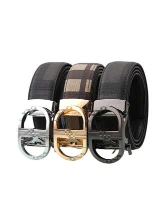 1pc Men's Striped PU Leather Belt With Alphabetical Automatic Buckle, Suitable As Gift For Father, Husband Or Boyfriend, Suitable For Spring, Summer, Autumn, Winter