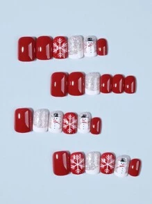 圣诞节 24 件短方形光泽麋鹿、雪花、圣诞树、雪人图案设计法式尖头按压指甲中号完美贴合丙烯酸假指甲套装，包含：1 件果冻胶和 1 件指甲锉，易于佩戴的圣诞指甲，适合女士女孩日常工作节日派对使用 - 查看 3