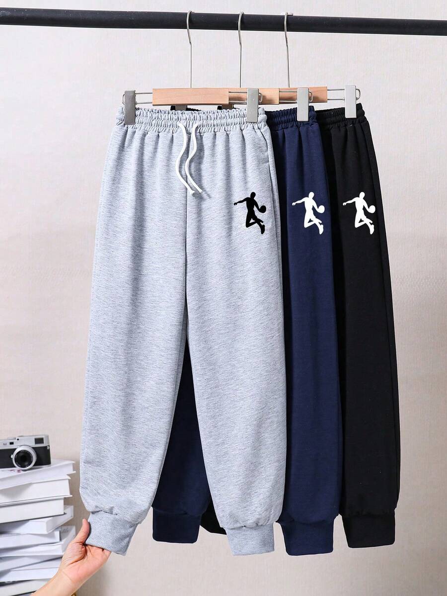 3pcs/Set Boys' Casual Drawstring Waist Graphic Print Jogger Pants, Versatile For Daily & Sports Wear