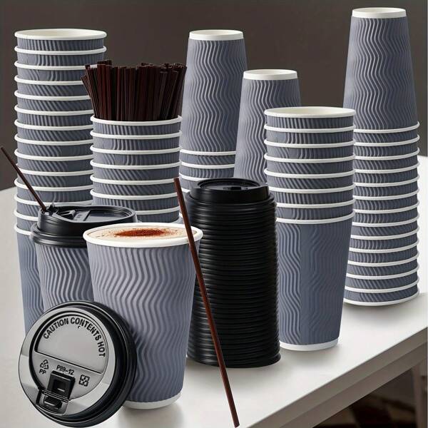 20pcs/Set 16oz Gray Disposable Threaded Coffee Cups, Double Wall Insulated Paper Coffee Cups With Lids And Straws, Suitable For Hot And Cold Beverages, Ideal For Home, Office, Cafe And Travel