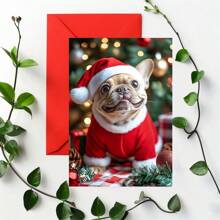 1pc/2pcs Beautifully Designed French Bulldog In Santa Hat Greeting Card, Christmas Card, Birthday Card, Perfect Christmas Gift For Dog Lovers, With Envelope, Suitable For Family, Friends, Daughter, Niece, Granddaughter, High-Quality Thick Card Stock, Comfortable Texture