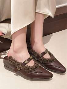 Plush Pointed Toe Ballet Flats For Women, French Style Low Vamp Flat With Warm Lining Mary Jane Shoes, Winter New Arrival