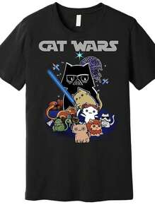 Cat War Meow Cat Lovers Illustration High Quality Cotton T-Shirt A 160G Funny Men's Short Sleeve Pattern T-Shirt Series Black - màu đen - Xem 1