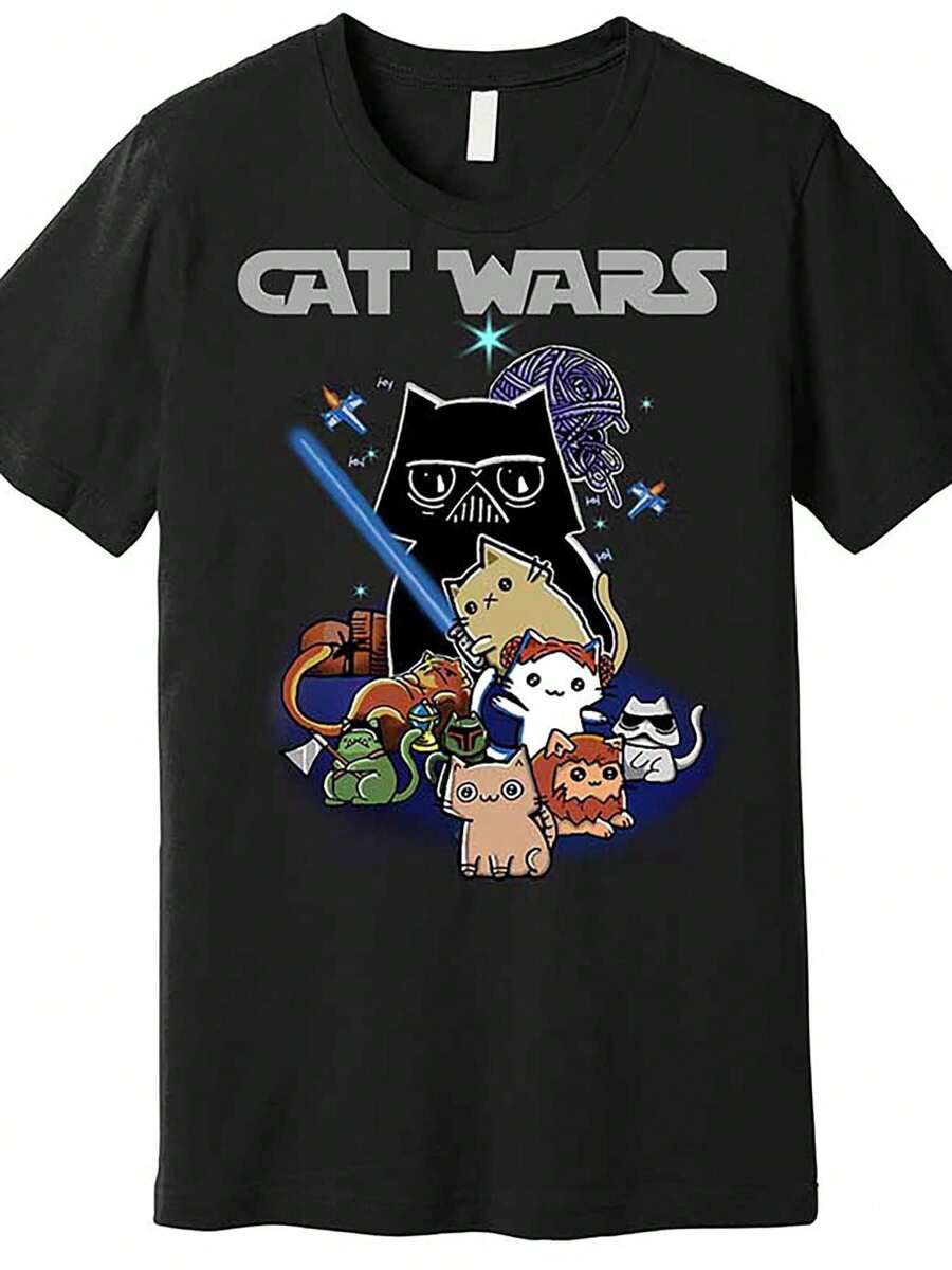 Cat War Meow Cat Lovers Illustration High Quality Cotton T-Shirt A 160G Funny Men's Short Sleeve Pattern T-Shirt Series Black - màu đen - Xem 1