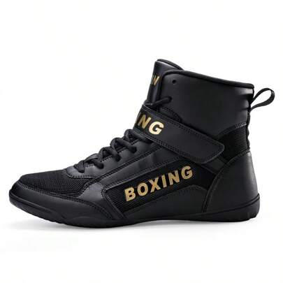 High-Top Wrestling Shoes For Men, Anti-Slip Black Competition Sports Sneakers, Professional Boxing Boots With Good Wrapping