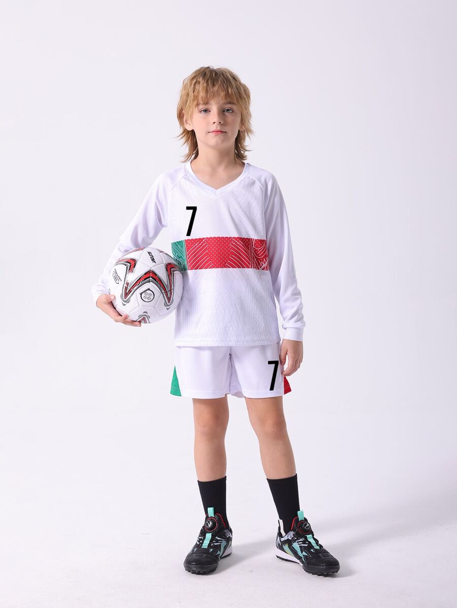 Kids & Teens' New Casual Sports Training Quick-Dry Long Sleeve Sportswear Set, Suitable For Leisure, Sports, Football, Group Activities, Number 7