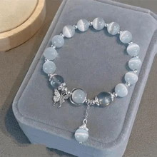Women Bracelet Imitation Opal Butterfly Pendant Elastic Bead Chain Bracelet Lady Birthday Gift Exquisite Wrist Bracelet Jewelry