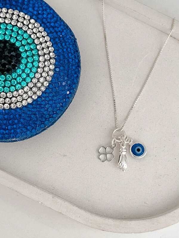 Colar Patuá Olho Grego Figa Trevo em Prata Legitima 925