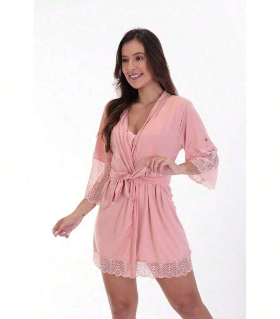Luxury Women's Robe: Hobby Robe Elegant Lace Robe For Brides - 301 - Rosa Pálido - Ver 1