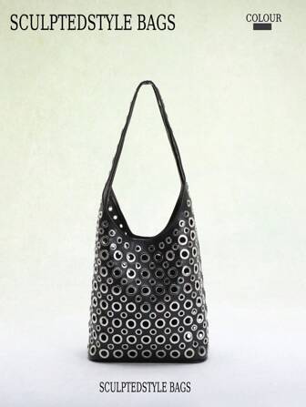 SCULPTEDSTYLE BAGS 1 件欧美朋克风格重装饰双面铆钉金属嵌件潮流小众奢华水桶包，优雅女士腋下单肩包，适合办公室使用（配有内部小袋）
