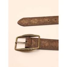 1 Pc Women's Vintage Bronze Alloy Button Printed PU Leather Belt, Suitable For Autumn And Summer With Jeans Summer, School Fall, Autumn, Halloween - Brown - View 2