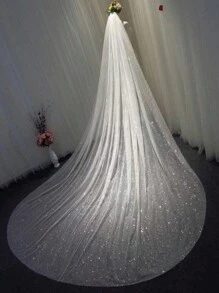 1 Stück weißer, langer, einlagiger Kathedralenschleier mit Glitzer-Tüll für Hochzeitszeremonien & Partys, Herbstkleidung für Frauen - Weiss - Übersicht 2