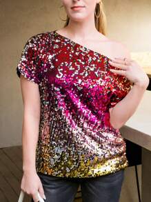 Womens Short Sleeve One Shoulder Sexy Sequin Top Blouse - 玫瑰紅 - 查看 3
