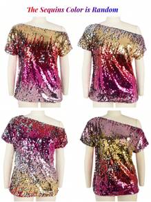 Womens Short Sleeve One Shoulder Sexy Sequin Top Blouse - 玫瑰紅 - 查看 6