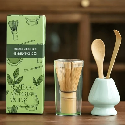 4件套抹茶套装竹制打蛋器茶匙陶瓷配件抹茶打蛋器（茶筅）茶匙和勺子（茶杓）泡茶工具 重返校园