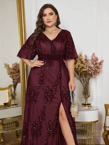 Plus Size Burgundy V-Neck Long Dress With Ruffle Sleeves And Sequin Decor