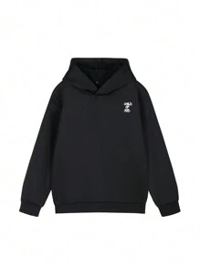 1pc Tween Boys' Casual Printed Hooded Sweatshirt, Thermal Lined Long Sleeve Pullover, Warm & Cozy For Students, Autumn/Winter - Black - View 4