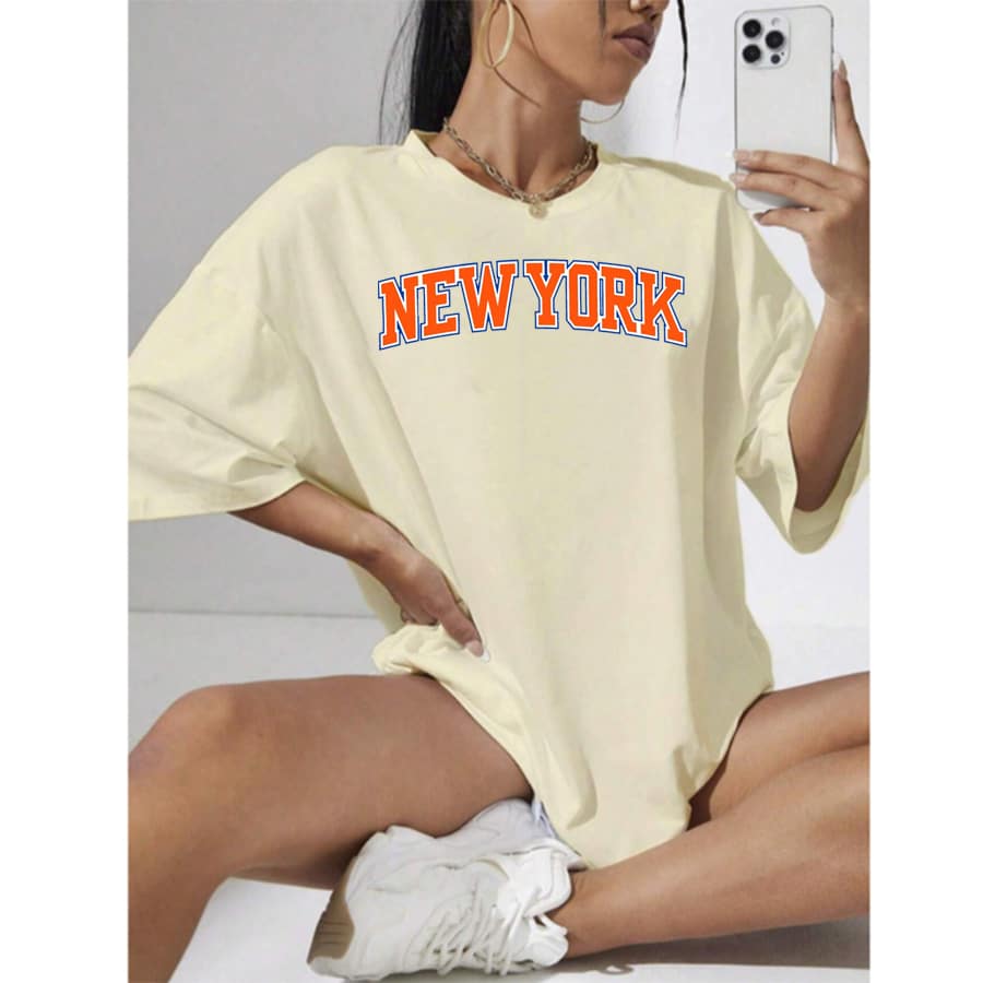Women's Blouse Round Neck T-Shirt Printed Brooklyn Orange Blouse 100% Cotton T Shirt - Kem - Xem 1