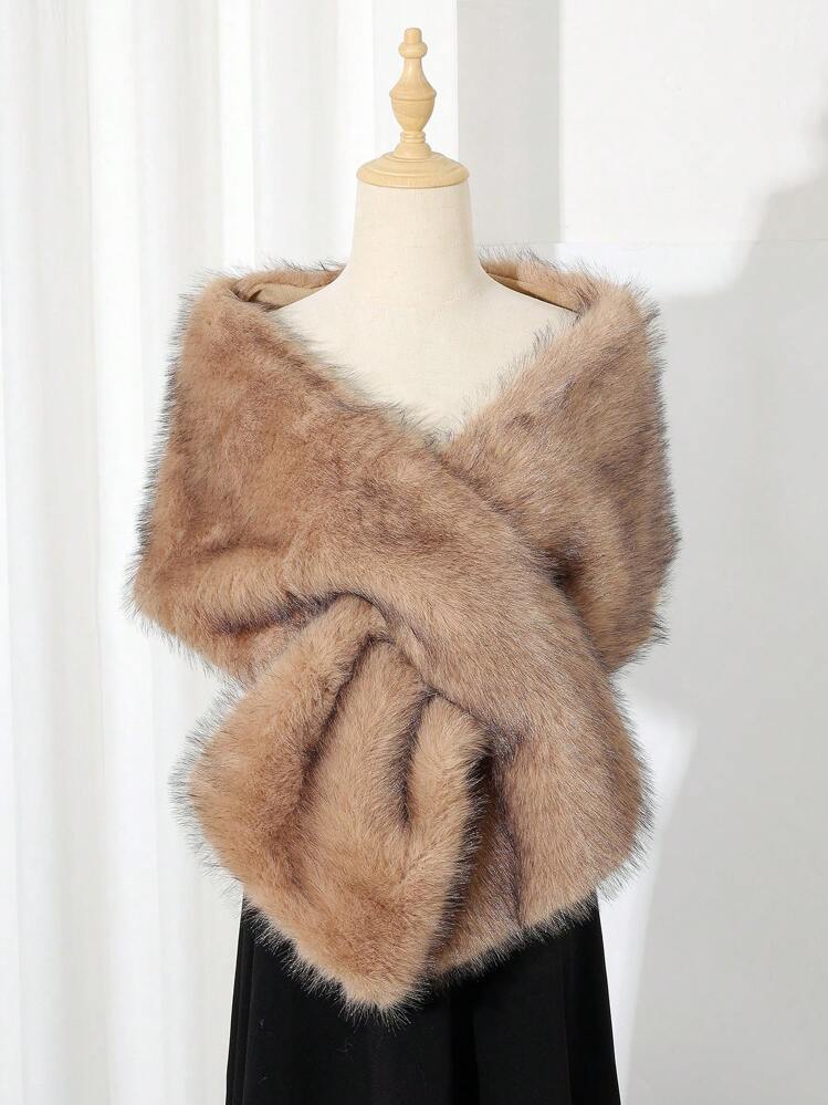 1pc Faux Fur Bridal Shawl With Collar, Autumn/Winter Cape For Wedding Dress, Scarf - Two-tone Apricot - View 5