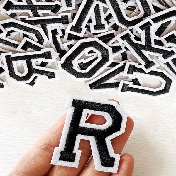 1set-Iron-On Letters, A-Z Patch Letter Number Patches,Alphabet Patches Iron On Letters Clothing, Sew Embroidered Patches Hot Melt Adhesive Bonding Iron Ironing, DIY Applique For Hats Shirts Shoes Jeans Bags, Clothing Accessories, Alphabet Cloth Patch For Team Costume Decoration, For Clothing Art Crafts DIY Decor(White&Black)