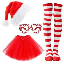 4 Stücke/Set Weihnachts-Kostüm-Accessoires für Frauen, bestehend aus Weihnachtsmann-Mütze mit Zuckerstangen, Zuckerbrillen, Tüllrock und gestreiften Socken