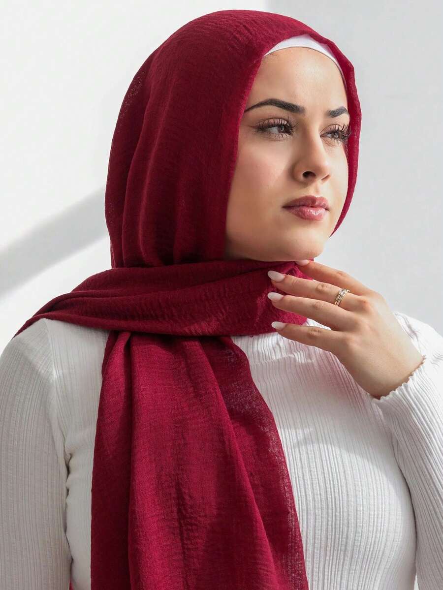 1pc Muslim Arabian Solid Color Linen Bubble Headscarf, Warm Scarf Suitable For Mosque Travel - Burgundy - View 1