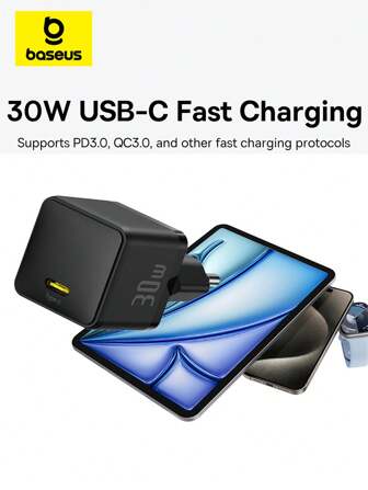 Baseus 30W USB Type C Dual Port Fast Charger Super Palm Series Charger Support PD 20W With EU Plug Compatible With Ipad Pro/Air/Mini, IPhone 15/15 Pro/15 Pro Max/14/14 Pro/14 Pro /13 Pro/12/SE/11/XR/XS, Samsung, Pixel 6