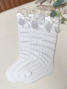 3 双女童仿珍珠蝴蝶结无跟过膝袜，百搭适合所有年龄段 - 白色 - 查看 4
