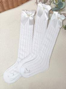3 双女童仿珍珠蝴蝶结无跟过膝袜，百搭适合所有年龄段 - 白色 - 查看 2