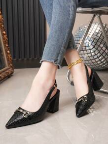 Glossy Square Toe Chunky Heel Sandals, Women's Closed Toe Commuting High Heels