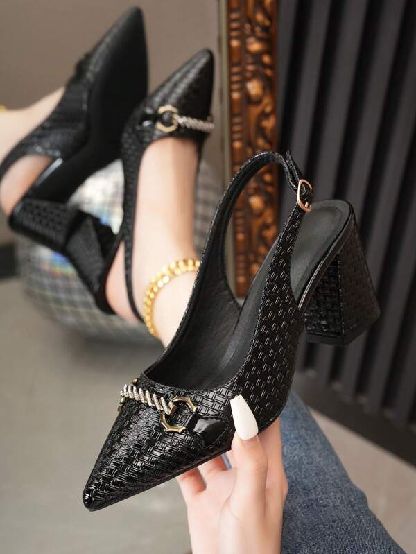 Glossy Square Toe Chunky Heel Sandals, Women's Closed Toe Commuting High Heels