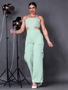 Women's Long Tailored Jumpsuit With Cargo Flare Pantaloons - 薄荷綠 - 查看 1