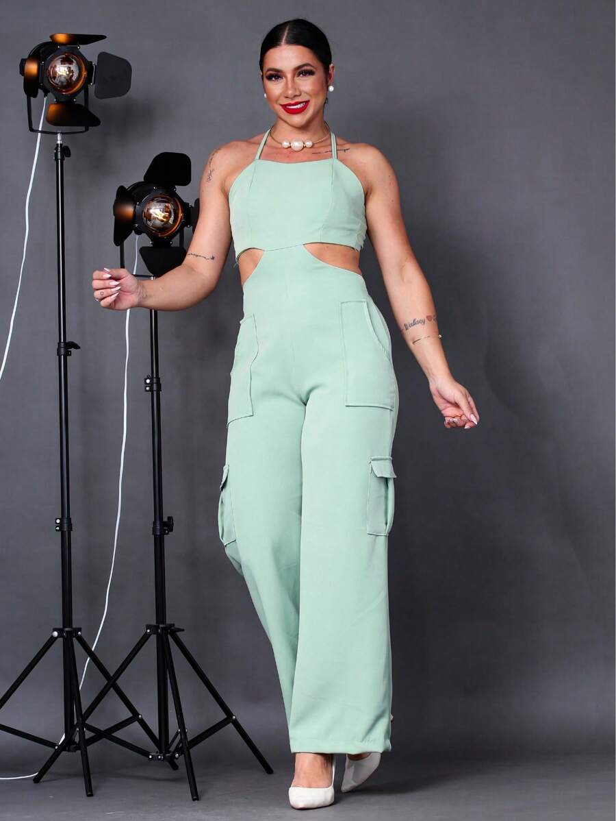 Women's Long Tailored Jumpsuit With Cargo Flare Pantaloons - 薄荷綠 - 查看 1