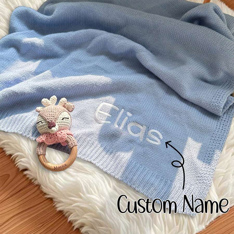 Chăn đan cá nhân hóa cho bé, chăn đan tùy chỉnh, quà tặng thêu cho tiệc chào đón em bé, quà tặng trẻ sơ sinh có thêu tên, chăn trẻ em - Nhiều màu - Xem 1