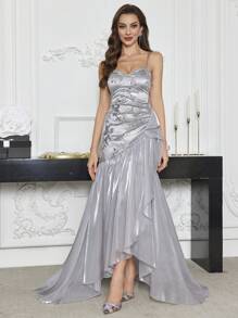 yanchunxier 女式露肩可调节细肩带连衣裙，蝴蝶亮片缎面拼接 V 领，超长腰部褶皱收腰，不对称下摆搭配透明荷叶边，适合婚礼、派对、节日、鸡尾酒会礼服 - 灰色 - 查看 1